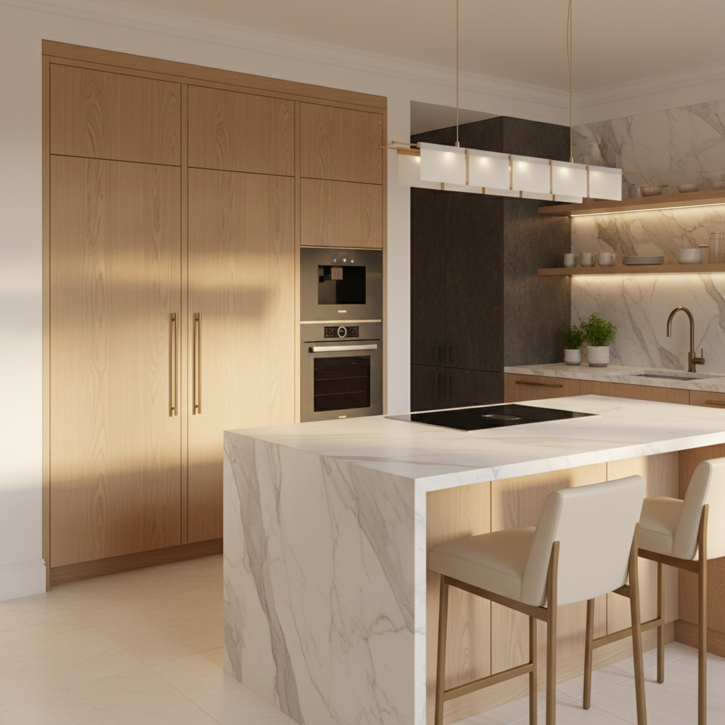 Bright upscale kitchen with integrated KitchenAid appliances