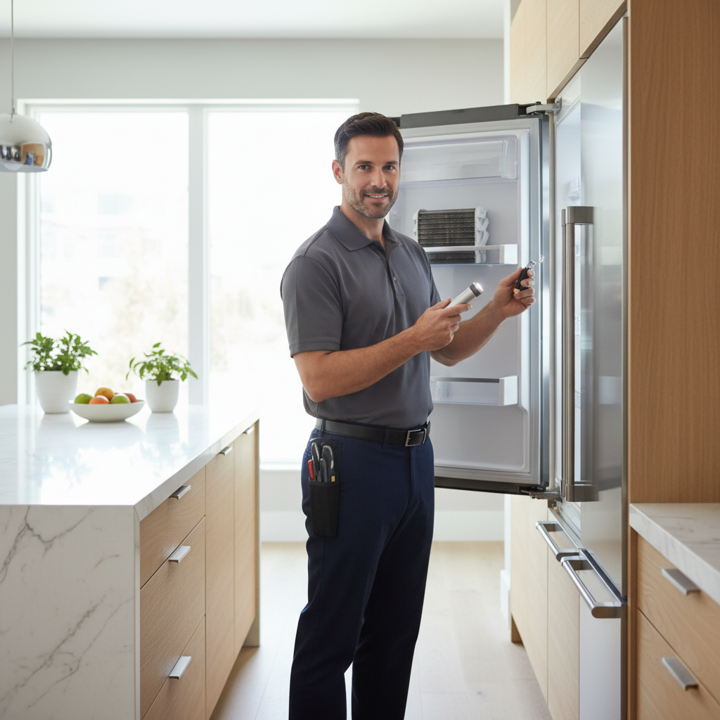 Professional appliance technician inspecting a built-in refrigerator